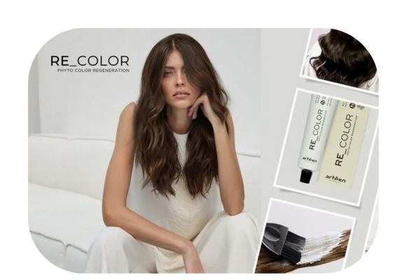 Modelka siedząca na sofie. Obok tubki farb Artego Re_Color