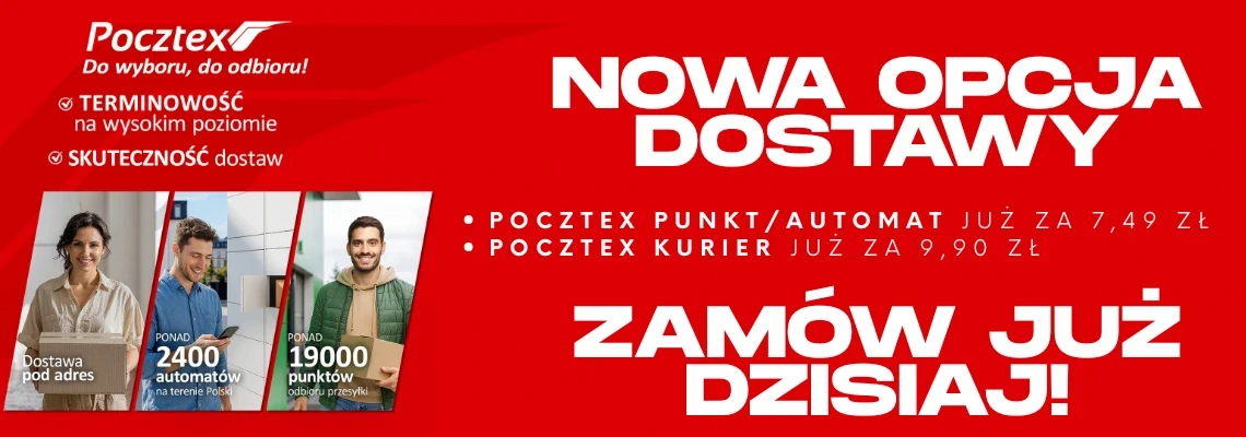 Baner promujący nowe metody dostawy przewoźnika Pocztex wraz z cenami oraz informacją o ilości punktów obsługiwanych przez przewoźnika.