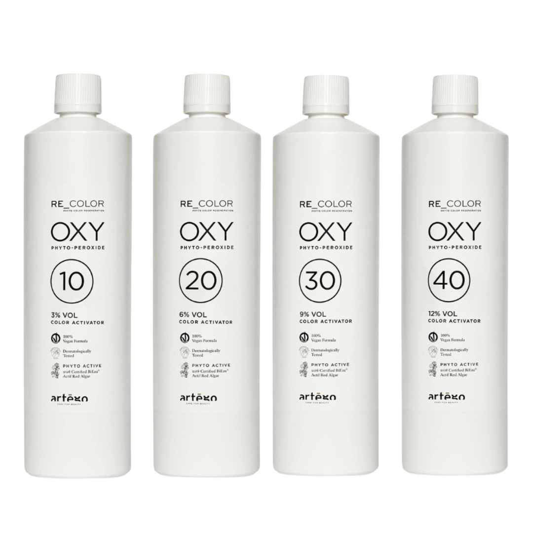 Zestaw butelek z oksydantami o różnych stężeniach procentowych, stojących koło siebie